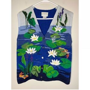 Susan Bristol 1996 Knit Vest with Water Lily pad dragon fly Design